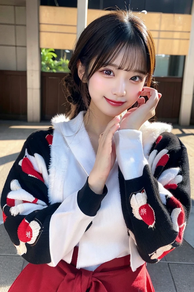 最high quality,Very detailed,finely,High resolution,8K壁紙,Perfect dynamic composition,Young Japanese Woman,Age 25, Black Hair, thin, 4K, 8K, high quality, beauty, smile, White teeth,Beautiful Eyes, Characterized by simplicity, High resolution,1 person,Japanese Idols,Large Breasts,Landmine Makeup,Red cheeks,Hands on chin,Burikko Pose,Making a heart with both hands