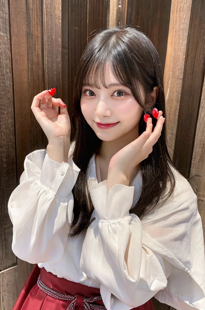 最high quality,Very detailed,finely,High resolution,8K壁紙,Perfect dynamic composition,Young Japanese Woman,Age 25, Black Hair, thin, 4K, 8K, high quality, beauty, smile, White teeth,Beautiful Eyes, Characterized by simplicity, High resolution,1 person,Japanese Idols,Large Breasts,Landmine Makeup,Red cheeks,Hands on chin,Burikko Pose,Making a heart with both hands