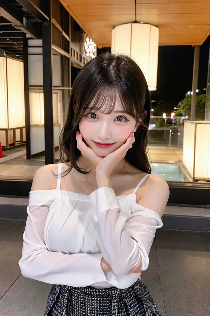 最high quality,Very detailed,finely,High resolution,8K壁紙,Perfect dynamic composition,Young Japanese Woman,Age 25, Black Hair, thin, 4K, 8K, high quality, beauty, smile, White teeth,Beautiful Eyes, Characterized by simplicity, High resolution,1 person,Japanese Idols,Large Breasts,Landmine Makeup,Red cheeks,Hands on chin,Burikko Pose,Making a heart with both hands