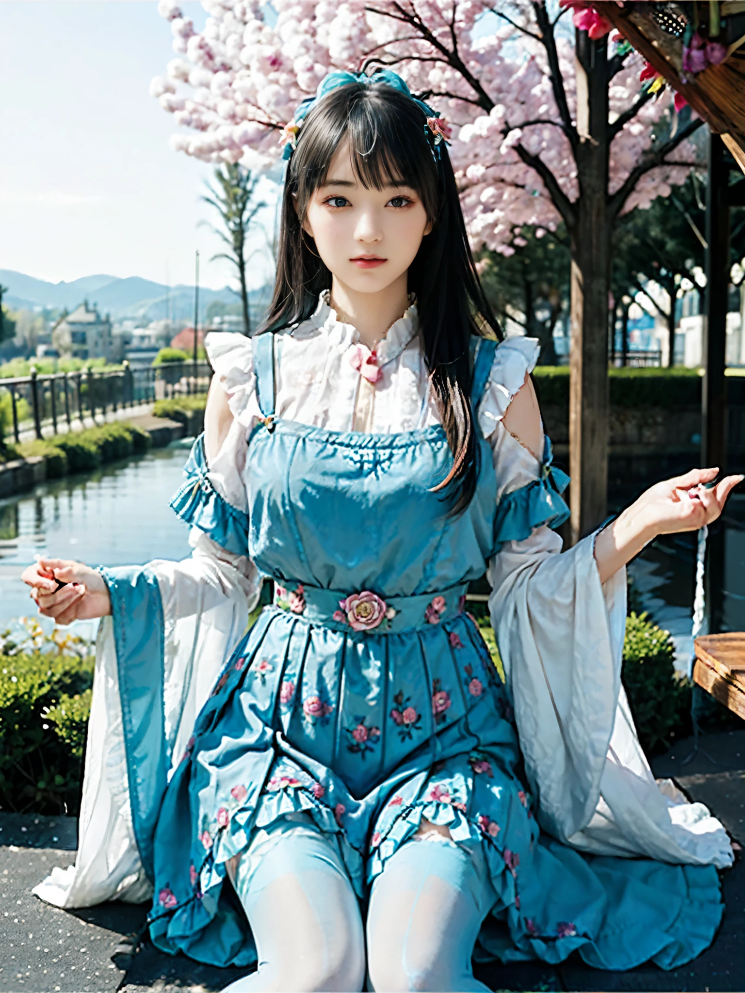 (​masterpiece、top-quality、top-quality、Official art、Beautifully Aesthetic:1.2)、(One girl:1.3)、A highly detailed、(Fractal Art:1.1)、(colourfull:1.1), (florals:1.3)、The most detailed、(Zentangle:1.2)、full body Esbian、(Blue sky and rose garden:1.3)、(shinny skin)、(Many colors:1.4), (pluma:1.5)、​masterpiece、top-quality、top-quality、Official art、Beautifully Aesthetic:1.2)、(1girl in)、ighly detailed、(Fractal Art:1.3)、colourfull、highestdetailed、long、A dark-haired、big eye、Women in Japan、(Ruffle frills, extremely detailed Chiffon Lace Ribbon Suspenders, (turquoise blue and yellow Stripe Design Pastel Coloring extremely detailed dress),extremely detailed Big Ribbon Headband, extremely detailed Open Colorborn, extremely detailed puff sleeves, extremely detailed Tied thin ribbon corset, extremely detailed Balloon skirt, extremely detailed White Net Tights, Colorful star-shaped bead accessories)、Cute table、Drinking tea、Tea、teapot、macaroons, You can see the castle behind