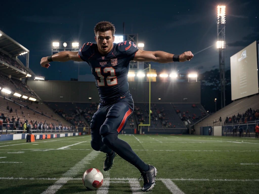 A professional football player, detailed facial features, muscular body, intense action pose, football stadium, dynamic motion blur, cinematic lighting, vibrant colors, 4k, best quality, photorealistic
