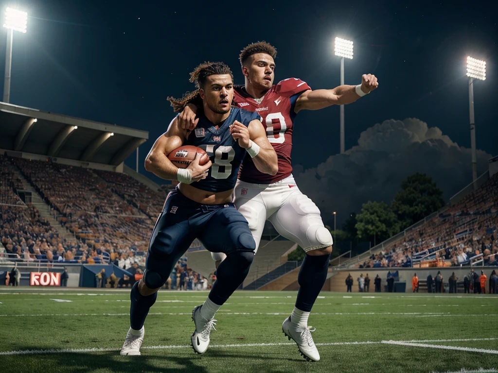 A professional football player, detailed facial features, muscular body, intense action pose, football stadium, dynamic motion blur, cinematic lighting, vibrant colors, 4k, best quality, photorealistic