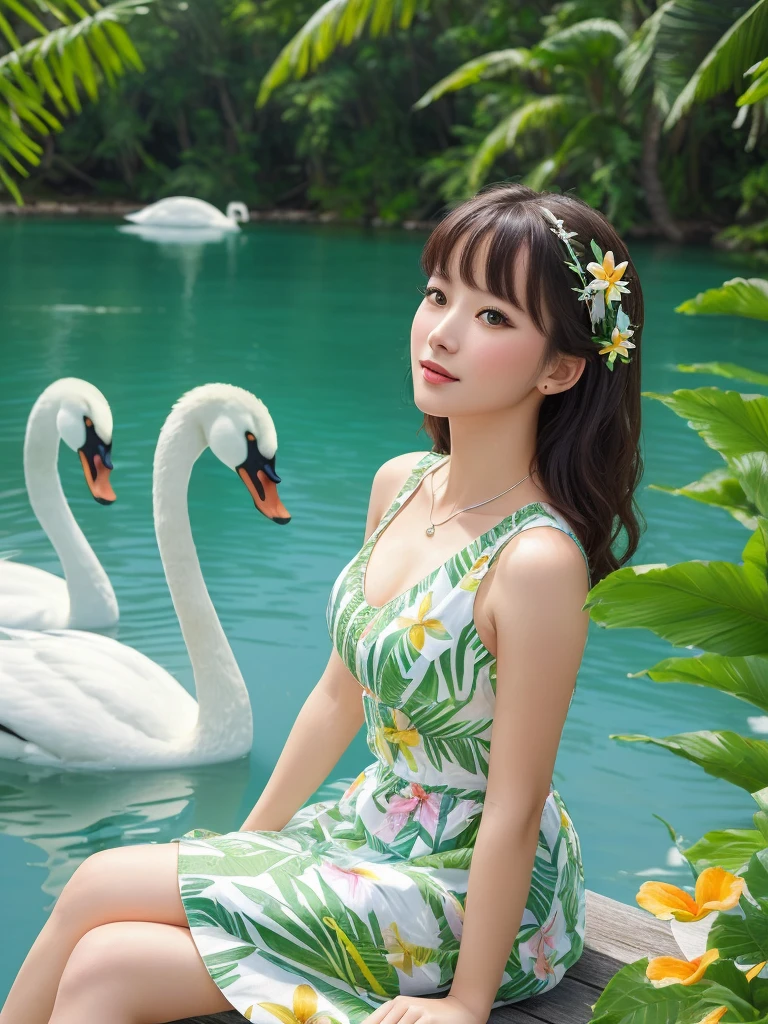 (best quality, high resolution, masterpiece,Upper body portrait:1.2), Very detailed, A realistic photograph,Shows a woman wearing a light summer dress,Her dress was printed with tropical flowers,The colors are mainly fresh blue and green,Looks refreshing and full of vitality。She sat beside a clear lake,Dancing with some graceful swans,The swan's white feathers draw graceful arcs on the water。Willow trees by the lake and mountains in the distance form a tranquil background,Create a cool and natural summer,The emphasis is on her light dance steps。