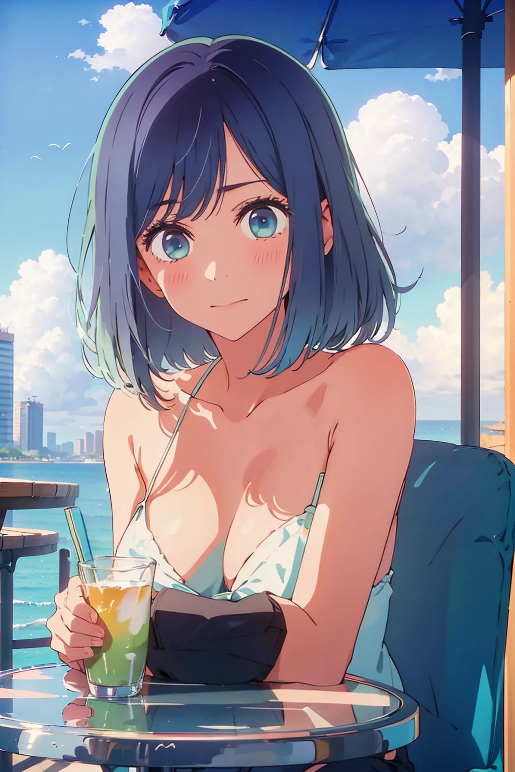 (Highest quality:1.4、8K:1.4、detailed)、F cup bust、Big Breasts、Slim body、Very white beautiful skin、((((1 person、Surprised expression、sit、Chair、In the background are the urban buildings of Tokyo、looking at the camera、Outdoor café terrace、coastal、Navy hair color、juice、Shooting up close、table、Very cute face))))、(Pose of putting hair behind ears with hands:1.4）、((nude、Areola))、Oversized Bikini、Very blue sky、A completely cloudless sky