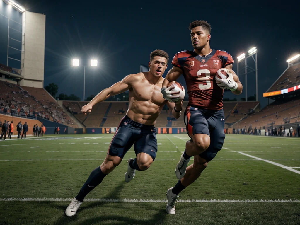 A professional football player, detailed  features, muscular body, intense action pose, football stadium, dynamic motion blur, cinematic lighting, vibrant colors, 4k, best quality, photorealistic