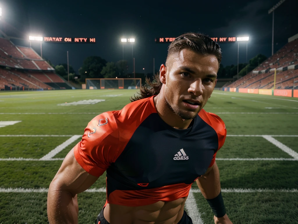 A professional football player, detailed facial features, muscular body, intense action pose, football stadium, dynamic motion blur, cinematic lighting, vibrant colors, 4k, best quality, photorealistic