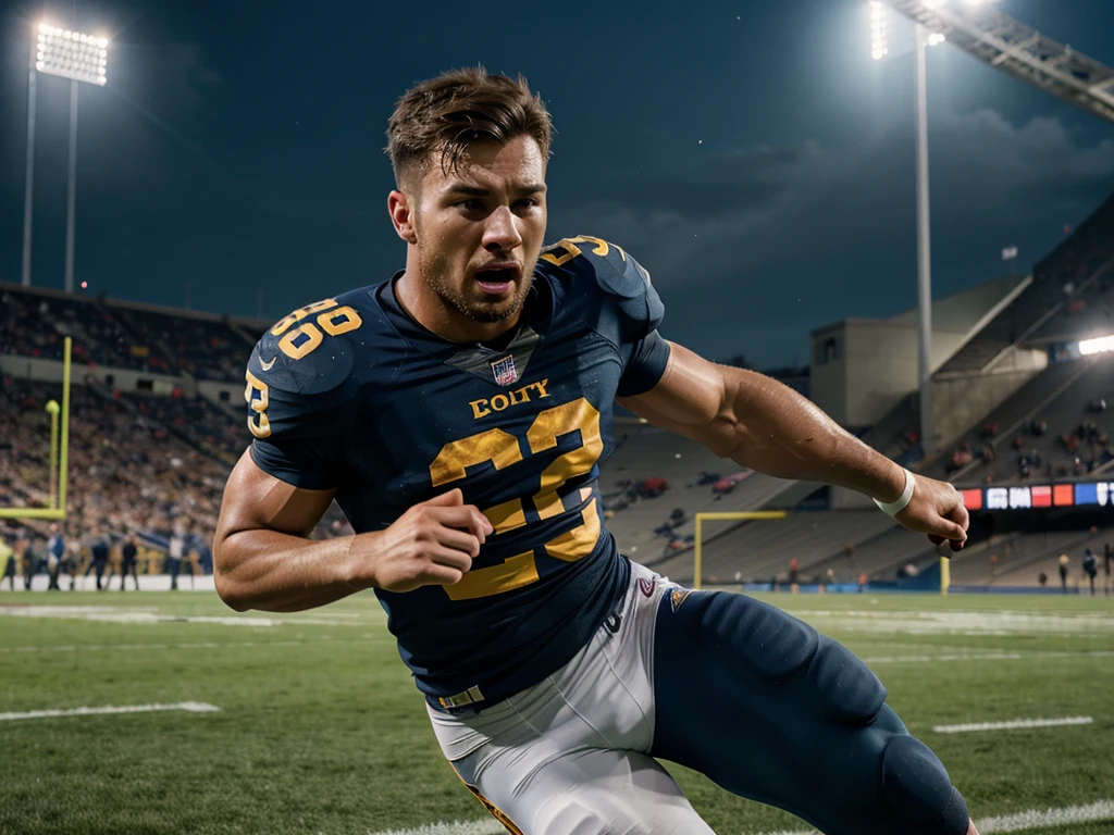 A professional football player, detailed facial features, muscular body, intense action pose, football stadium, dynamic motion blur, cinematic lighting, vibrant colors, 4k, best quality, photorealistic
