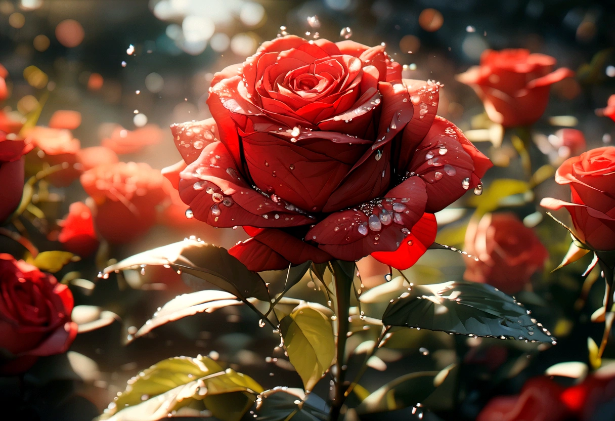 Many red color rose flowers in the garden and sunlight with bokeh, dew drops on flower petals,automatic optional scene (masterpiece, ultra quality, high resolution, 8k, intricate: 1.2), (masterpiece), (best quality:1)