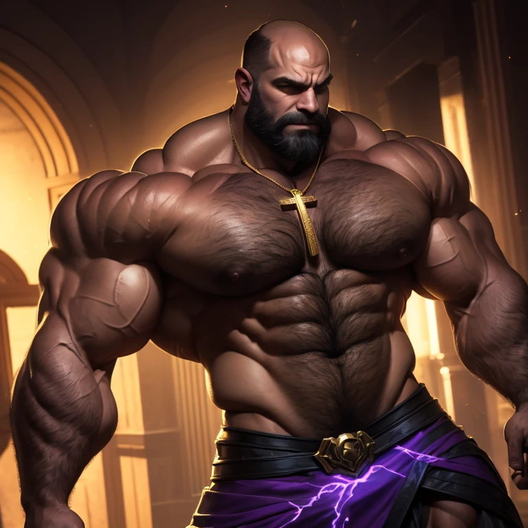 Thick Gold Cross on a necklace. 50 years old, greying hair. An arcane mage swirls purple, glowing, arcane energy around himself. He is an absolute muscle monster, with impossibly broad, well toned shoulders and a V shaped body with narrow waist. His shoulders are three times wider than his waist. -chested, he is hairy chested, balding, with stubble