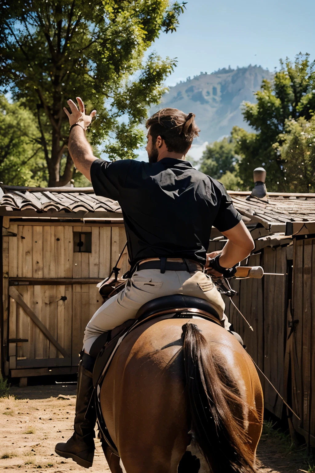 A hunter riding on the back of the horse with arrows his back in a box and bow hand looking towards the there there