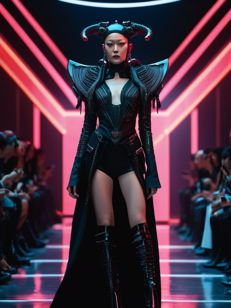 A fashion runway for alien technology , Cyberpunk fashion photography , Inspired by Chinese Xianxia and dark Gothic.,The fallen god of Greek mythology.,(Best Quality,4k,8k,A high resolution,masterpiece:1.2), (realist,photorealistic,photorealistic:1.37).