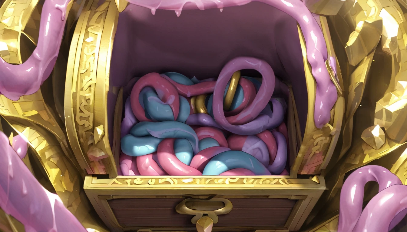 pink and purple tentacles extend from inside a treasure filled with gold and silver treasures.