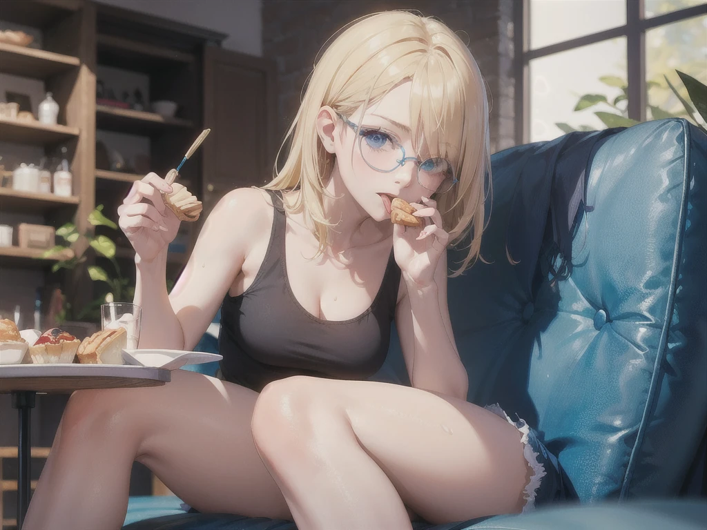 European girl portrait,alone,20-year-old,Beautiful Face,Hair on one eye,Medium Sidecut, Blonde, Sharp focus,White tank top,Blue shorts,(((Glasses))),Eating a cream-filled pastry, Sticking out your tongue、