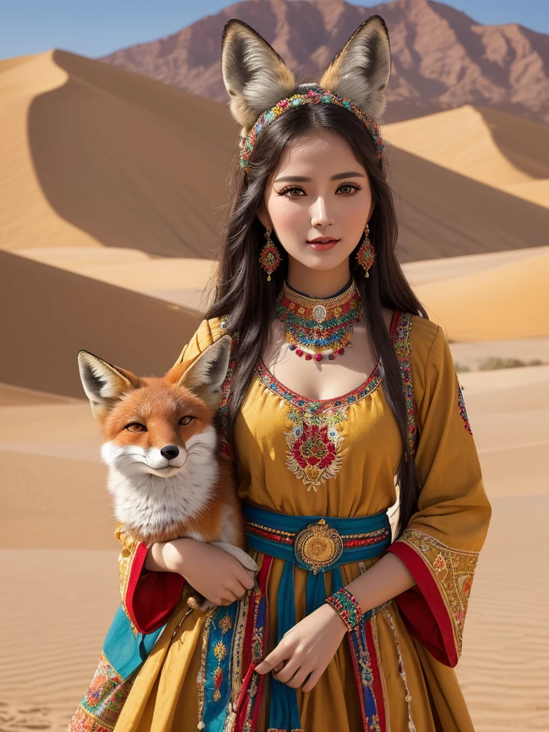 (best quality, high resolution, masterpiece，Upper body portrait:1.2), A realistic style photo of a beautiful woman，Depicts a woman in folk costume，Her clothes are embroidered with ethnic totems and bright colors.，Appears enthusiastic and distinctive。She stood in a desert oasis，Encounter a majestic desert fox，The fox&#39;s fur shines golden in the sunse eyes are alert and curious。The desert dunes and hot air balloons in the distance make for a spectacular backdrop，Create an atmosphere of exoticism and adventure，Especially emphasized her brave attitude。