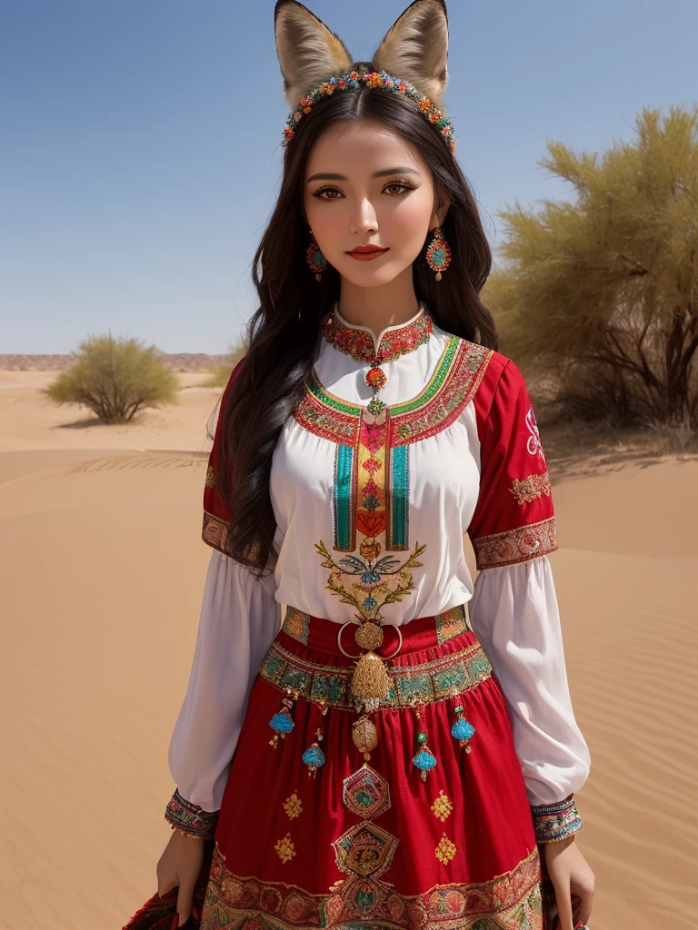 (best quality, high resolution, masterpiece,Upper body portrait:1.2), A realistic style photo of a beautiful woman,Depicts a woman in folk costume,Her clothes are embroidered with ethnic totems and bright colors.,Appears enthusiastic and distinctive。She stood in a desert oasis,Encounter a majestic desert fox,The fox's fur shines golden in the sunse eyes are alert and curious。The desert dunes and hot air balloons in the distance make for a spectacular backdrop,Create an atmosphere of exoticism and adventure,Especially emphasized her brave attitude。