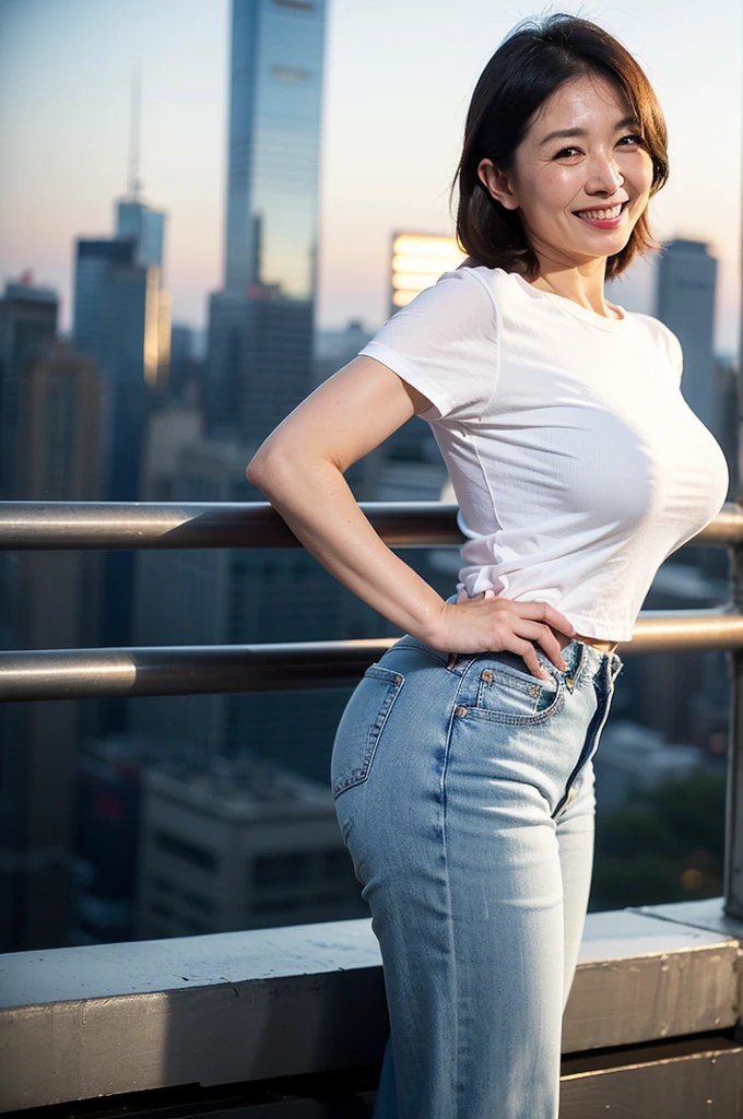 from side,(top-quality, masterpiece,photo realistic,ultra-detailed,Textured skin:1.2),(Anatomically correct),(1 girl),(good hands), break (tight white tshirts:1.2),(denim pants), break (drooping breasts),(saggy breasts),(newyork night view from a skyscraper in the background), break (japanese mature woman),(48 years old),smile,