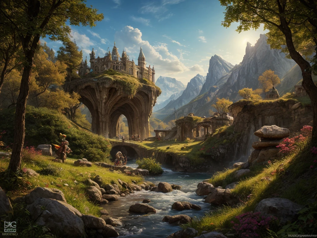 inspiré de Tolkien,À la manière de John Howe,detailed fantasy landscape,enchanted forests,majestic mountains,epic battles,dangerous dungeons,magical creatures,highly detailed armor,best quality,4k,8k,highres,masterpiece:1.2,ultra-detailed,realistic,photorealistic,photo-realistic:1.37,HDR,UHD,studio lighting,ultra-fine painting,sharp focus,physically-based rendering,extreme detail description,professional,vivid colors,bokeh,fantasy art