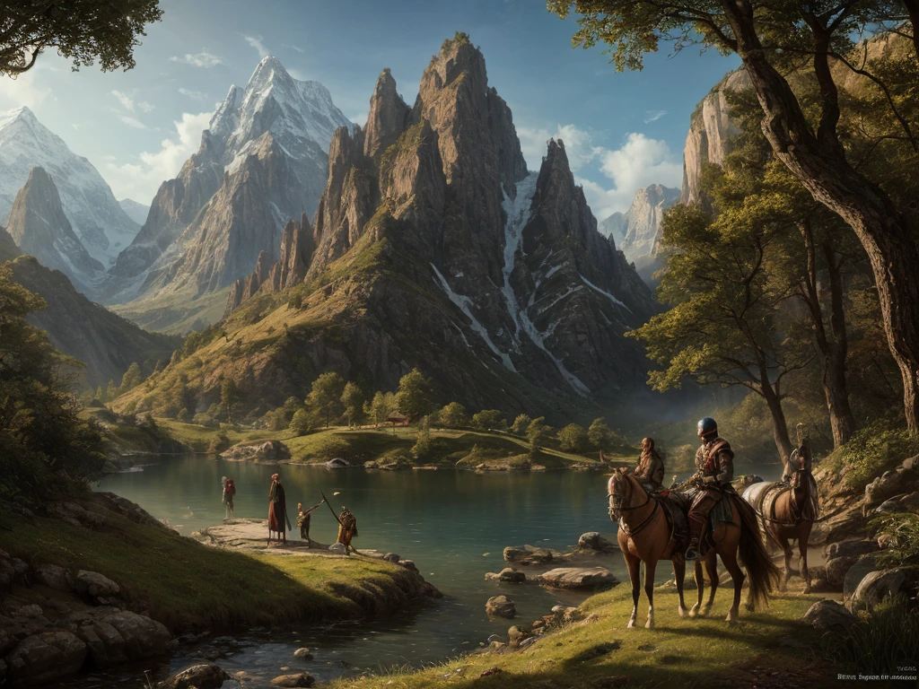 inspiré de Tolkien,À la manière de John Howe,detailed fantasy landscape,enchanted forests,majestic mountains,epic battles,dangerous dungeons,magical creatures,highly detailed armor,best quality,4k,8k,highres,masterpiece:1.2,ultra-detailed,realistic,photorealistic,photo-realistic:1.37,HDR,UHD,studio lighting,ultra-fine painting,sharp focus,physically-based rendering,extreme detail description,professional,vivid colors,bokeh,fantasy art
