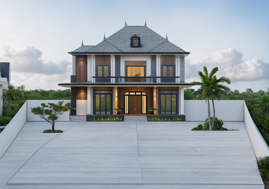 1 main wood door, slope roof, many glass door, concrete, wood wall,white, modern villa, palm, plant, beautiful sky, wood facade, architecture, beautiful, masterpiece, best quality, super detailed, realistic, photorealistic, 8k, sharp focus, droste effect photography, macro photography