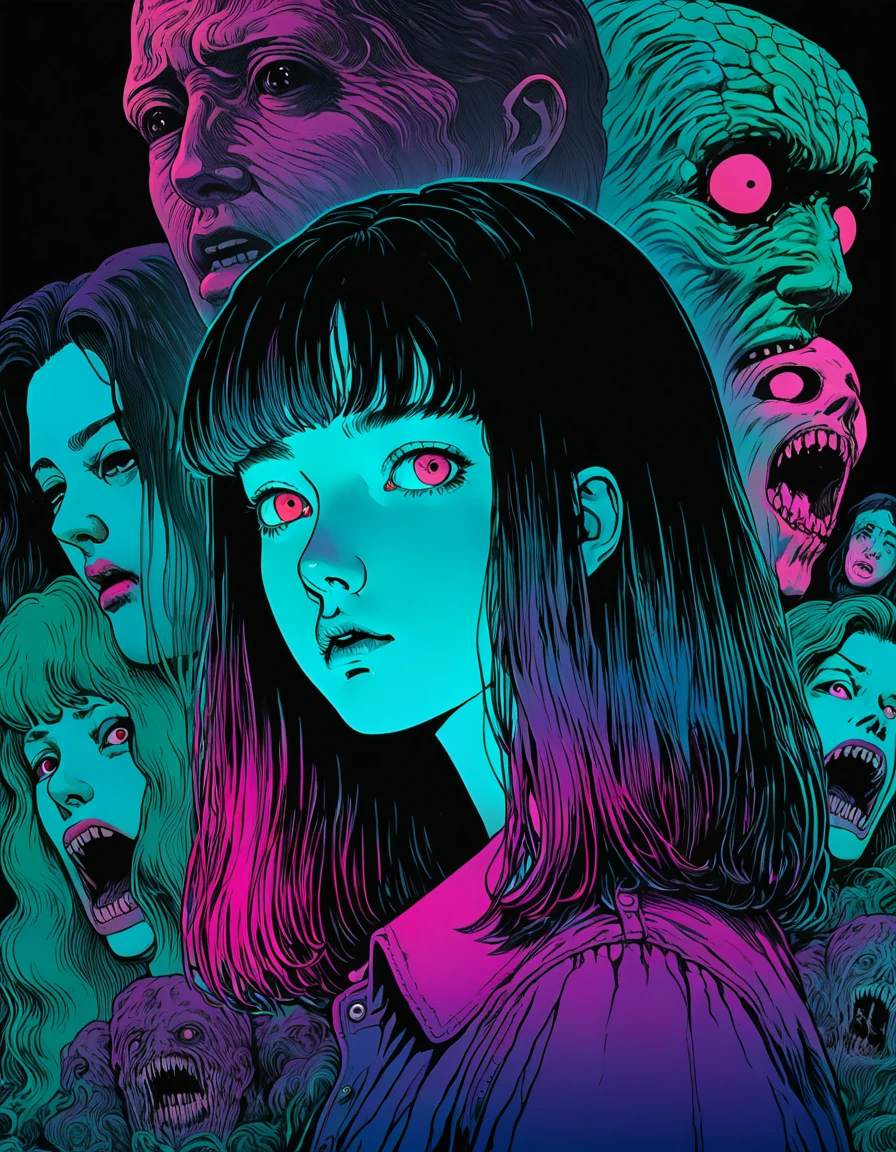 illust、art、from 80s horror movie, directed by Junji Ito、Statue of Anxiety、high detail, realsitic shadow、Analog style, vhs style, 8mm film, chromatic aberration, Dvd screengrab、Surrealism、Complementary color gradient