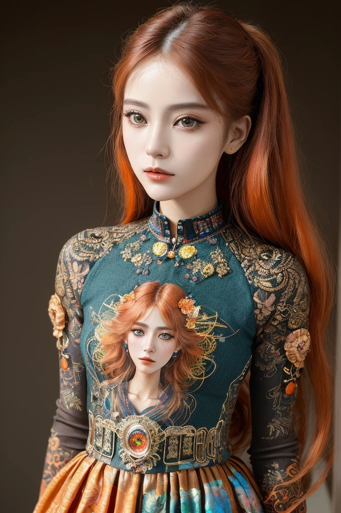 (best quality, high resolution, masterpiece:1.2), Very detailed, Practical:1.37, (Perfect anatomical structure),Upper body close-up,A mechanical artist,Wear personalized art work clothes,Handheld electronic brush,Full body portrait,Presenting a combination of creativity and imagination。Her eyes are a warm orange,Unique artistic tattoo on face,Hair is made of colorful fibers,Can emit different light。Her body is equipped with a creative generation system and an artistic perception module,Sparks of inspiration can be seen through the special shell。Her work clothes are decorated with various artworks.,The background is a creative art studio。