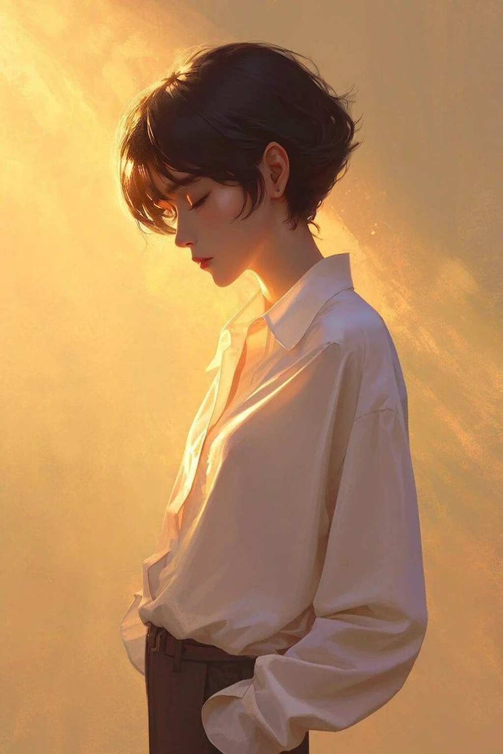 Long black hair wearing a white shirt,a woman standing in front of a wall, Ilya Kubshinov landscape, with short hair, breathtaking Ilya Kubshinov, beautiful soft lighting, digital art Ilya Kubshinov, japanese cartoon movies. soft lighting, Ilya Kubshinov. 4 thousand, Guweiz style art work, Ilya Kubshinov(Ilya Kuvshinov)