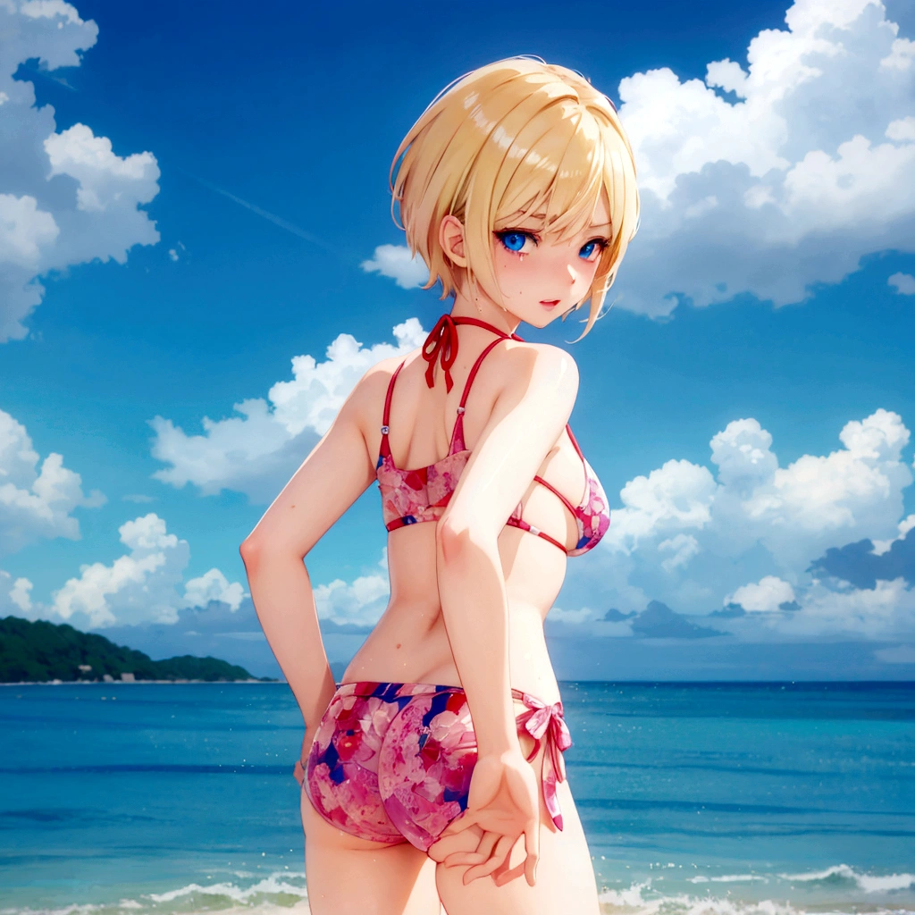 Sweating、Blue Eyes、Blonde short hair、Anime girl in bikini on the beach with blue sky background, Smooth anime CG art, Realistic Bikini, render of a cute 3d anime girl, Perfect body with realistic shading, Realistic Anime 3D Style, change, Anime-style 3D, Created by Anime Painter Studio, 3d anime girl, Photorealistic anime girl rendering, Naughty anime style