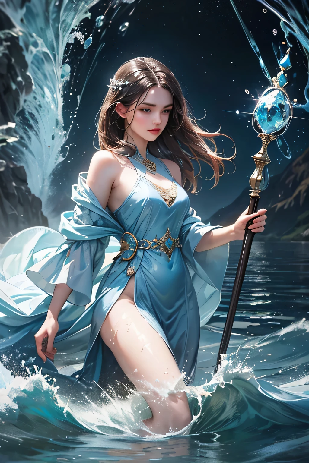 "Create an ultra-realistic image of a beautiful 21-year-old girl holding a magical staff that radiates the essence of water. She should be dressed in an elegant, blue shaded outfit that reflects her deep connection to the element of water. Surround her with elements of water, such as cascading waves, shimmering droplets, and serene reflections, to showcase her mastery over this element. Include a distinct water symbol on her body, signifying her role as the keeper of water and illustrating the powerful, fluid energy of water she possesses within her."