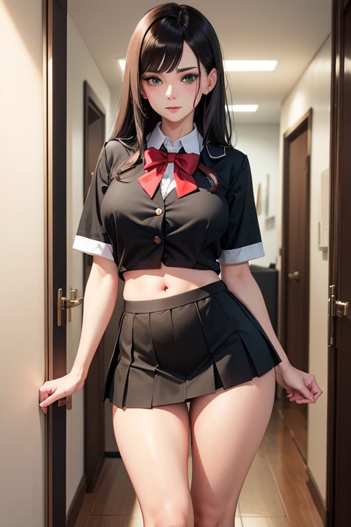 1 sexy MILF, high school uniform, skirt barely cover her butt, shirt too short and show belly, mature face traits, mature body, brunette, green eyes, high res, ultrasharp, 8K, masterpiece, looking at viewer