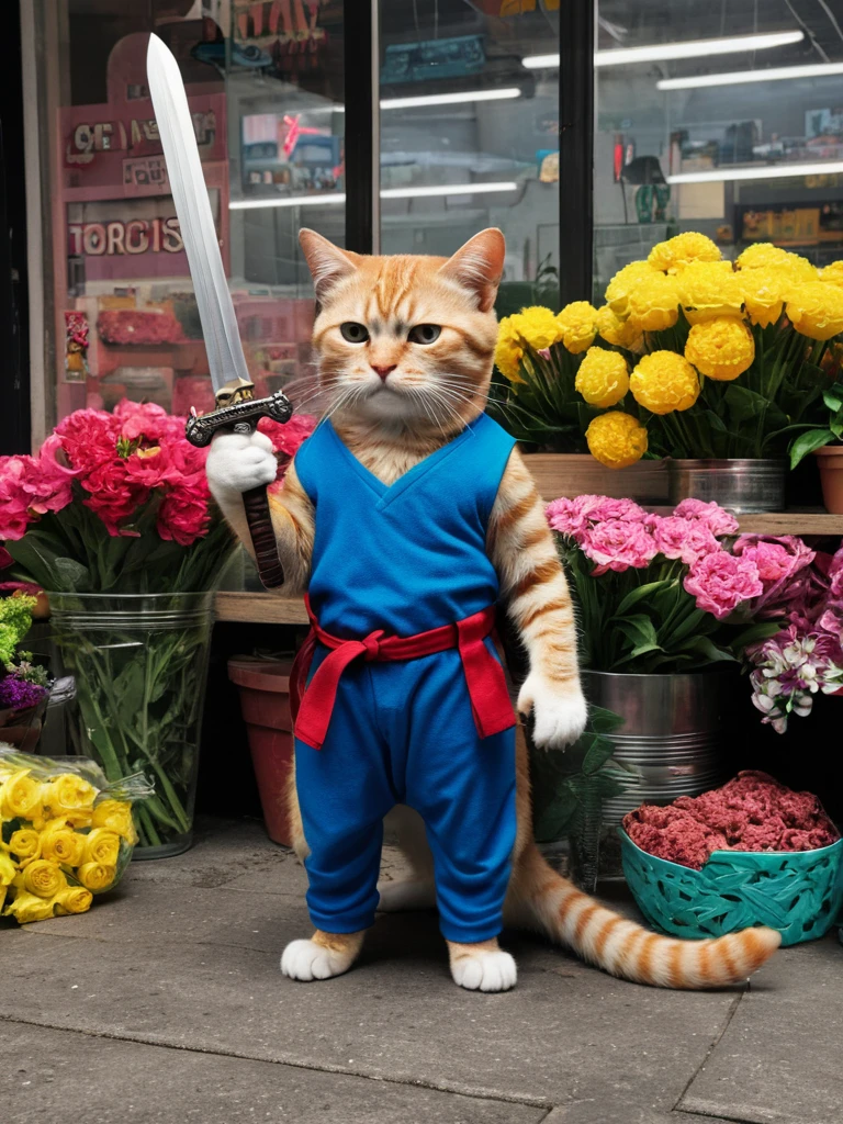 Hyperrealism Art、 (傑作photograph:1.3) of (Super detailed:1.3) Cat,Holding a sword,In front of Flower shop,(Artist: Butcher Billy:1.3),Very detailed,(Vorticism Art:1.3),(Supersaturation:1.3) . 非常に高解像度of詳細, photograph, Realism pushed to the limit, Fine texture, Incredibly realistic