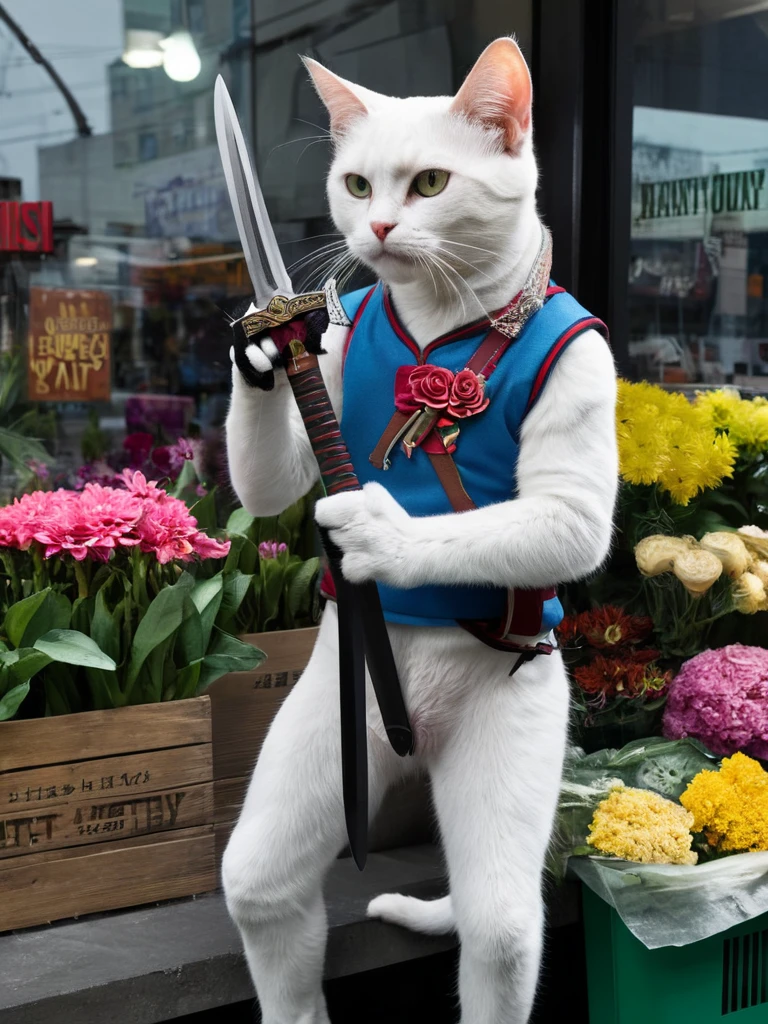 Hyperrealism Art、 (傑作photograph:1.3) of (Super detailed:1.3) Cat,Holding a sword,In front of Flower shop,(Artist: Butcher Billy:1.3),Very detailed,(Vorticism Art:1.3),(Supersaturation:1.3) . 非常に高解像度of詳細, photograph, Realism pushed to the limit, Fine texture, Incredibly realistic