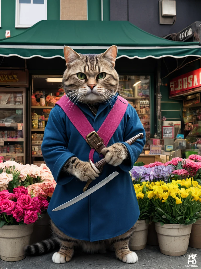 Hyperrealism Art、 (傑作photograph:1.3) of (Super detailed:1.3) Cat,Holding a sword,In front of Flower shop,(Artist: Butcher Billy:1.3),Very detailed,(Vorticism Art:1.3),(Supersaturation:1.3) . 非常に高解像度of詳細, photograph, Realism pushed to the limit, Fine texture, Incredibly realistic