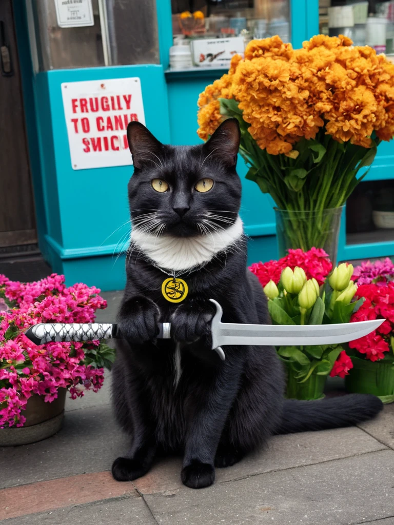 Hyperrealism Art、 (傑作photograph:1.3) of (Super detailed:1.3) Cat,Holding a sword,In front of Flower shop,(Artist: Butcher Billy:1.3),Very detailed,(Vorticism Art:1.3),(Supersaturation:1.3) . 非常に高解像度of詳細, photograph, Realism pushed to the limit, Fine texture, Incredibly realistic