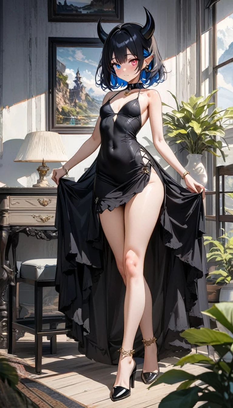 The best of Masterpiece on The Worldwide, the best of landscapes on worldwide, Improved quality, the best of shadow, High quality, Good , Healthy body, Whole fingers, Normal digits, HD quality image, perfect half hair color, perfect Heterochromia eyes, highlight, perfect view, perfect body, full body( all body like hair can be long or short hair, head, nose, mouth, neck, shoulder, arm, hand, hips, thighs, legs, and feet on picture), iron collar, beautiful and cute girl, perfect and cute girl, perfect skin, perfect hairstyle, beautiful girl, hair accesories, small breast, diamond ears piercing, gold bell bracelet, gold bell anklet, anime babe, demon's horns, demon eyes, perfect black-blue dress, high heels, 