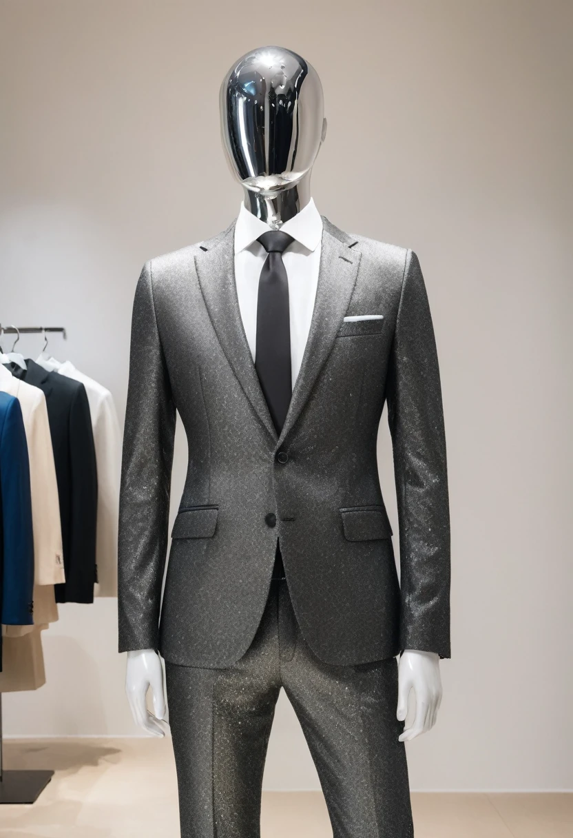 A faceless mannequin wearing a suit,The faceless mannequin is sparkling