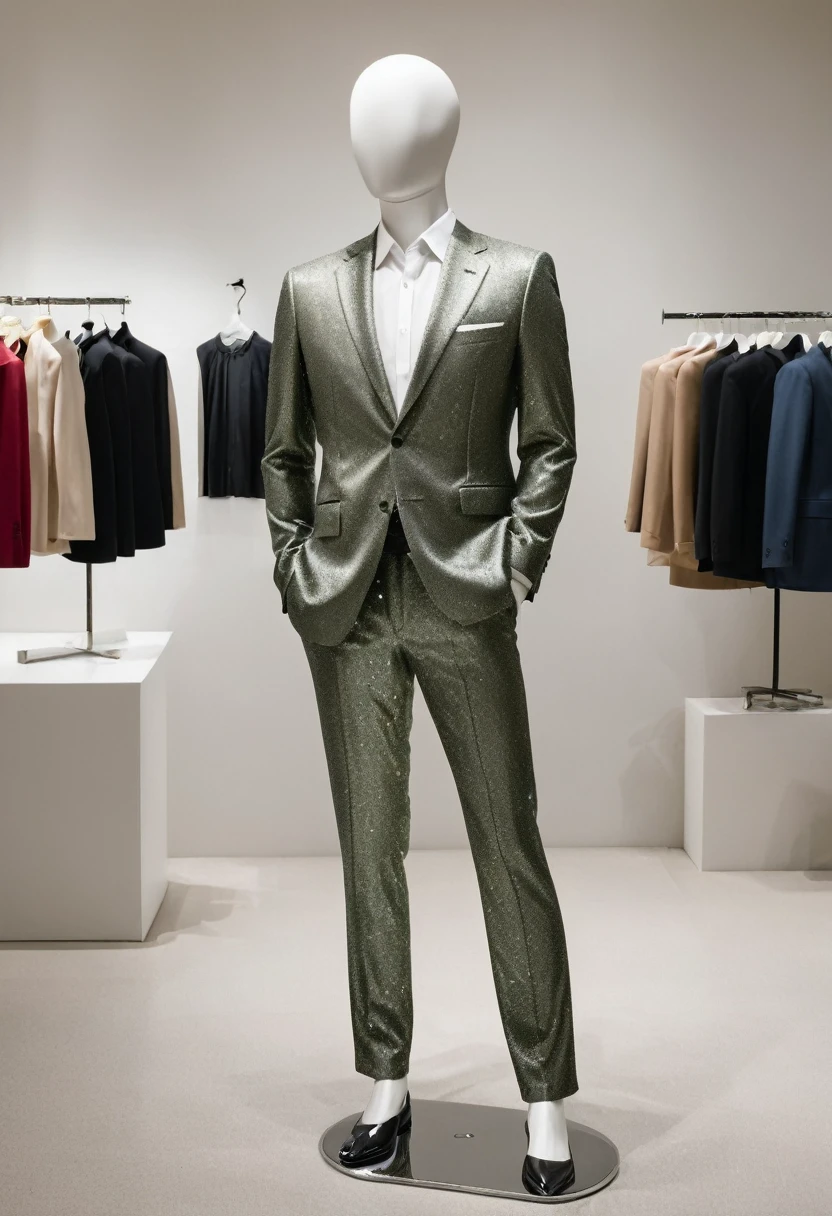 A faceless mannequin wearing a suit,The faceless mannequin is sparkling