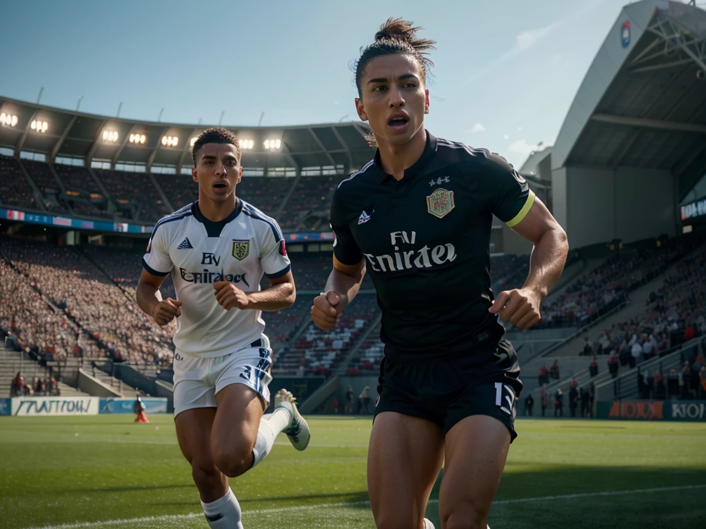 a soccer player, detailed sports uniform, soccer ball, dynamic action pose, running on the field, outdoor stadium, crowd cheering, dramatic lighting, cinematic composition, photorealistic, (best quality,4k,8k,highres,masterpiece:1.2),ultra-detailed,(realistic,photorealistic,photo-realistic:1.37),HDR,UHD,studio lighting,ultra-fine painting,sharp focus,physically-based rendering,extreme detail description,professional,vivid colors,bokeh,sports photography