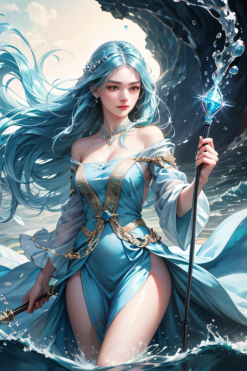 "Create an ultra-realistic image of a beautiful 21-year-old girl holding a magical staff that radiates the essence of water. She should be dressed in an elegant, blue shaded outfit that reflects her deep connection to the element of water. Surround her with elements of water, such as cascading waves, shimmering droplets, and serene reflections, to showcase her mastery over this element. Include a distinct water symbol on her body, signifying her role as the keeper of water and illustrating the powerful, fluid energy of water she possesses within her."