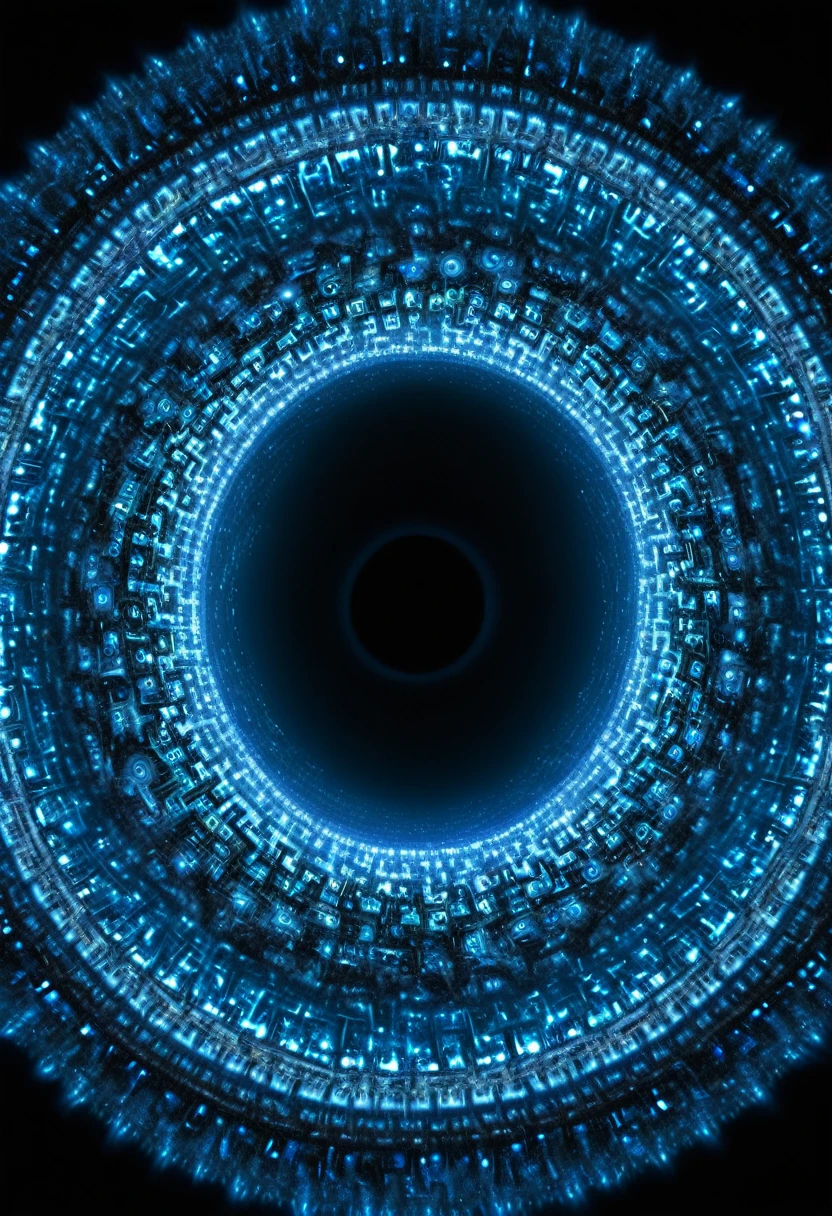 there are two circles of blue light in the sky, infinity time loop, interstellar infinity portal, interstellar vortex through time, wormholes, orbital rings, tentacles in universe, portal in space, multiverse portal, infinite fractal waves, many eyes in space, majestic interstellar portal, black hole time portal, portal to outer space, wormhole, infinite fractal mandala tunnel