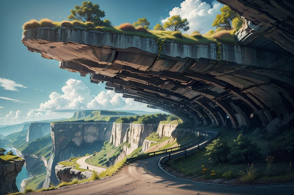 a car in the valley. cliffs, nature, road, sky, view from below