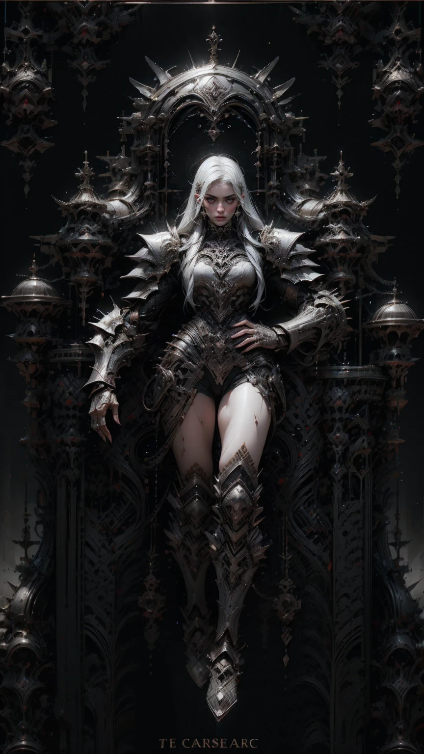 top-quality, Dramatic Lighting, menacing pose, fierce look, epic atmosphere, (((Full body shot))),Female emperor,long silver hair,delicate metal crown on the head,,Big King's Chair, There is a sense of dignity, Clear eyes,cyborgs, Cyberpunk style, Clockwork, ((Intricate details)), nffsw, ((Intricate details, hyperdetails)), incandescent lamps, cinematic shot, Vignette, bokeh effect beckground, (dogy), (Full body shot).