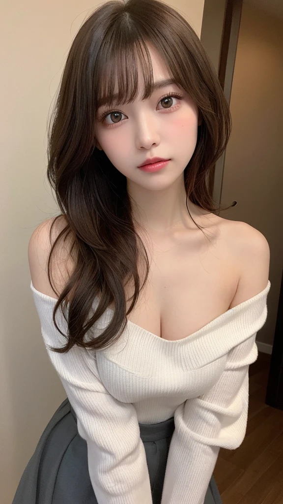 masutepiece, Best Quality, Illustration, Ultra-detailed, finely detail, hight resolution, 8K Wallpaper, Perfect dynamic composition, Beautiful detailed eyes, Tight Dress, Medium Hair,Brown hair color ,Small breasts, Natural color lip, Random and sexy poses,Random situations,Slender body,Slender face,Face that feels ecstasy,Have a feminine face,A face that trembles with sex in earnest,Sexy face, (masutepiece:1.3), High resolution, Ultra-detail, the Extremely Detailed CG Unity 8K Wallpapers, Realistic, Photorealsitic, Raw photo, beautifull detailed face, pale skin, realistic glistening skin, Detailed Cloth Texture, detailed hair texture, Perfect body, Beautiful face, precise, Anatomically correct, Highly detailed face and skin texture, Natural neck length, (Beautiful hands), (Fair skin:1.2), thin legs, Thin feet,
BREAK,
Detailed eyes, symmetrical eye, Light brown eyes, Double eyelids, Thin eyebrows, (Glossy lips:1.4), ((Waiting for a kiss:1.2)), (blush:1.1),
BREAK,
(Classy and cute girl:1.3), (She is wearing an elegant off-shoulder white long sleeve blouse。。。。.。), (Grey flared skirt:1.2),
medium breasts, (Slender figure:1.1), firm abs, Beautiful collarbone,
(Dark blonde hair, Wavy Hair, Long hair:1.3), ((asymmetrical bangs:1.2)), (upperbody shot:1.2), Looking at Viewer, (From above:0.65),
oot, ((Stand close to me、Reach out to the front:1.3)), (a room), ((Home)),KPOP Idol Face,Cute