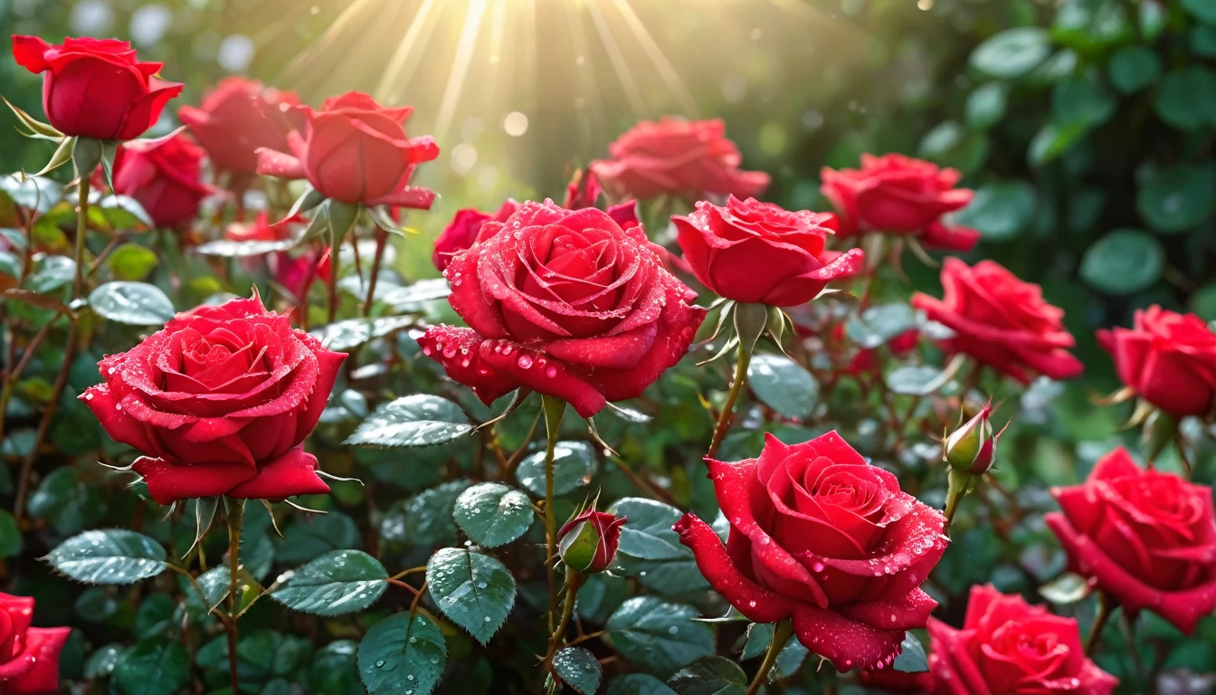 Many red color rose flowers in the garden and sunlight with bokeh, dew drops on flower petals,automatic optional scene (masterpiece, ultra quality, high resolution, 8k, intricate: 1.2), (masterpiece), (best quality:1)