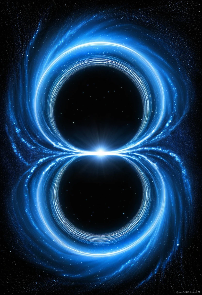 there are two circles of blue light in the sky, concept art inspired by Benoit B. Mandelbrot, flickr, space art, infinity time loop, interstellar infinity portal, interstellar vortex through time, wormholes, orbital rings, tentacles in universe, portal in space, multiverse portal, infinite fractal waves, many eyes in space, majestic interstellar portal