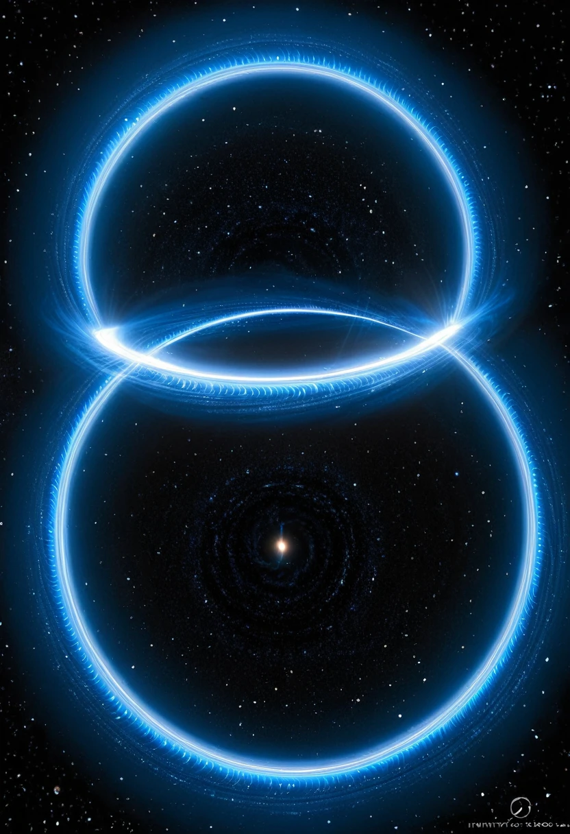 there are two circles of blue light in the sky, concept art inspired by Benoit B. Mandelbrot, flickr, space art, infinity time loop, interstellar infinity portal, interstellar vortex through time, wormholes, orbital rings, tentacles in universe, portal in space, multiverse portal, infinite fractal waves, many eyes in space, majestic interstellar portal