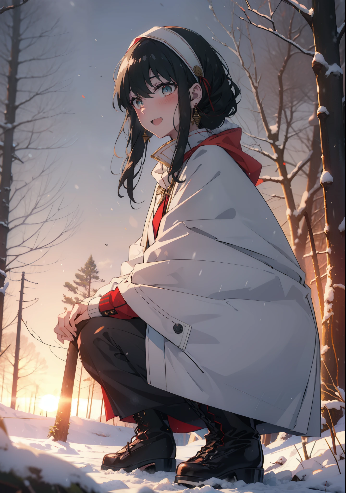 Your thorns, One Girl, blush, Black Hair,Red eyes, hair band, jewelry, Earrings, happy smile, smile, Open your mouth,
Open your mouth,snow,Ground bonfire, Outdoor, boots, snowing, From the side, wood, suitcase, Cape, Blurred, Eat food, forest, White handbag, nature, Squat, Mouth closed, フードed Cape, winter, Written boundary depth, Black shoes, red Cape,evening,Sunset,The sun is setting, break looking at viewer, Upper Body, whole body, break Outdoor, forest, nature, break (masterpiece:1.2), Highest quality, High resolution, unity 8k wallpaper, (shape:0.8), (Beautiful and beautiful eyes:1.6), Highly detailed face, Perfect lighting, Highly detailed CG, (Perfect hands, Perfect Anatomy),