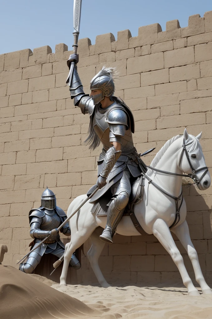 (best quality, high resolution, masterpiece:1.2), Very detailed, Practical:1.37, (Perfect anatomical structure),A beautiful sand sculpture mural,Shows a full-length portrait of a warrior,Holding a spear,Wear battle armor,The texture of the armor is outlined in gray and white tones。The wall imitates the ancient city wall,Create a fighting atmosphere,Increased the value of the work。This artwork symbolizes courage、Glory and Classical Aesthetics,Special emphasis on the fighters' movements and equipment details。The artistic technique draws on the style of ancient Roman sculpture。