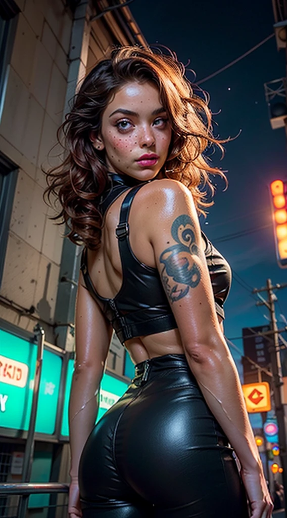 Photorealistic image of a 25 year old girl, very pretty, goddess of beauty, Caucasian, very long curly orange roo hair that cascades with tousled curls over his chest, disheveled, big chest, postapocalyptic dress, tight black leather pants, black tactical combat boots, inspired by a mix of author Simon Bisley and the Mad MAX movies, thighs with muscles, fit, big ass and narrow waist, esta muy fit, very feminine,open black leather jacket, Heroic pose, challenging and sensual look,(((orange red hair 1.40,),intricate eyes,green eyes, detailed and expressive eyes detailed eyes,symmetrical eyes,(((parts on the face,parts,freckled girl))),(((shiny skin:1.5,shiny skin: 1.5,tanned skin,shiny skin,very shiny skin,shiny body,plastic glitter skin,exaggerated shiny skin,illuminated skin,wet legs, moist skin))),(detailed body,(Very detailed face)),linda,horny,erotic,(((NSFW))),Revealing clothing,show skin,((Visible thong straps)),((briefs strap)),half naked,with Small clothing),((wet clothes,intricate costume,intricate and tight clothing)),(dynamic pose:1.0),focus alone,ashamed,(centered,Scale to fit dimensions,rule of thirds),cyberpunk city at night, with bright neon signs and dark stormy clouds and puddles, scenery:1.25,evening, Starry Night, cosmos,evening muy oscura que resalta las luces de neón., Very bright neon lights,evening, Starry Night, cosmos,Artistic photography,(Photograph taken by SLDR),high resolution, sharp focus, (ultra detailed, extremely detailed), (photorealistic artwork:1.37),(extremely detailed CG unity 8k wallpaper),((synth wave background theme)),(((vibrant colors))),(intricate background),(Masterpiece),(Best Quality), Various poses