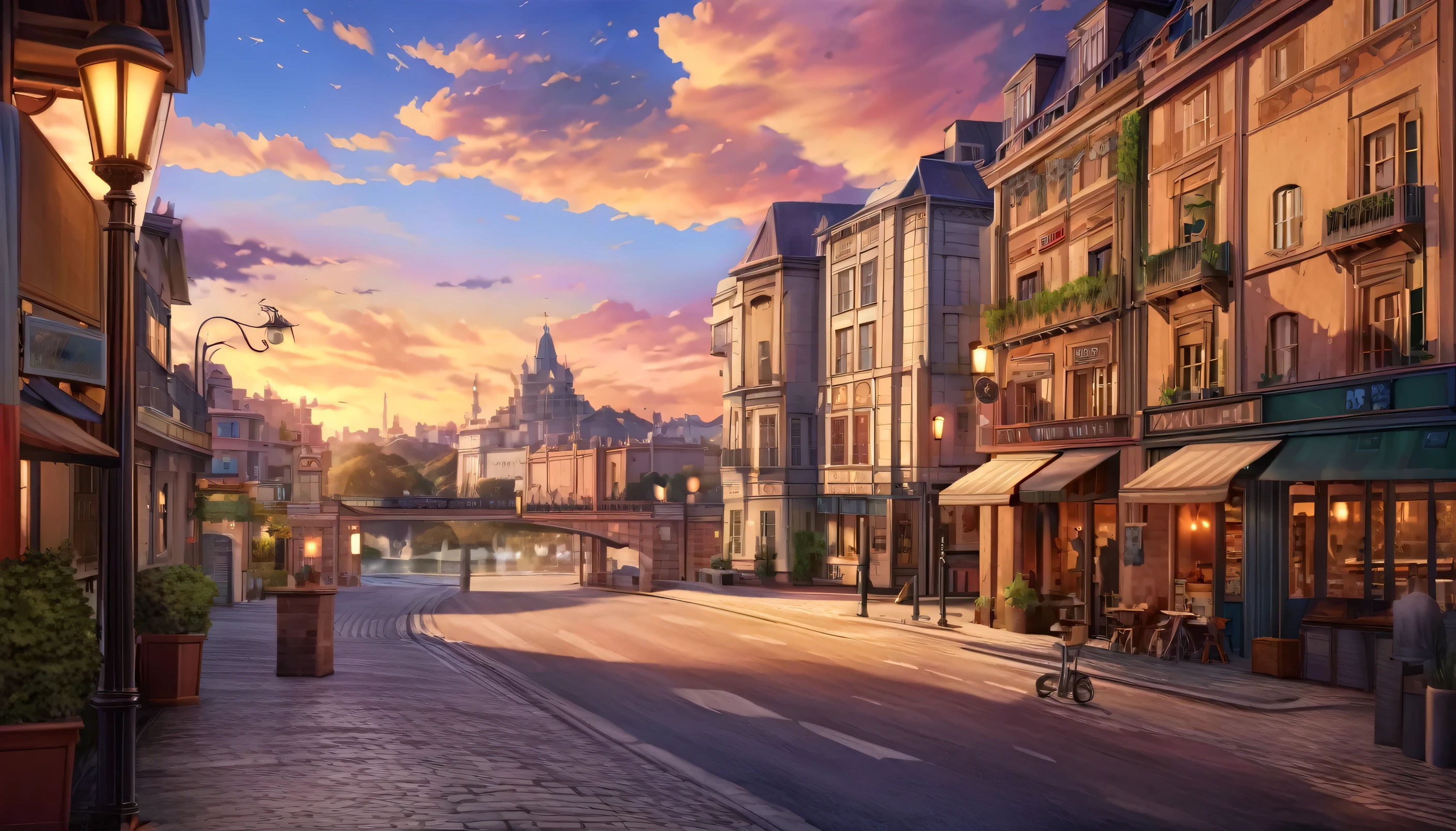 detailed anime style landscape of a peaceful urban setting at dusk, soft fluffy clouds in the sky, tranquil everyday scene, beautiful detailed architecture, street lamps, warm lighting, vibrant colors, (best quality,4k,8k,highres,masterpiece:1.2),ultra-detailed,(realistic,photorealistic,photo-realistic:1.37)