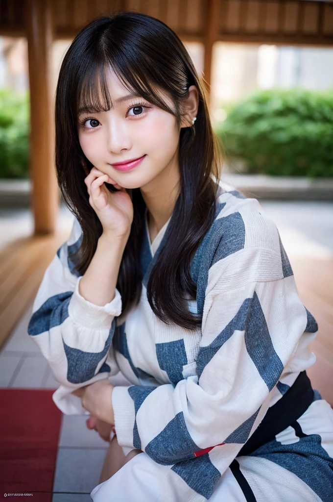 最high quality,Very detailed,finely,High resolution,8K壁紙,Perfect dynamic composition,Young Japanese Woman,Age 25, Black Hair, thin, 4K, 8K, high quality, beauty, smile, White teeth,Beautiful Eyes, Characterized by simplicity, High resolution,1 person,Japanese Idols,Large Breasts,Landmine Makeup,Red cheeks,Hands on chin,Burikko Pose,Small face pose